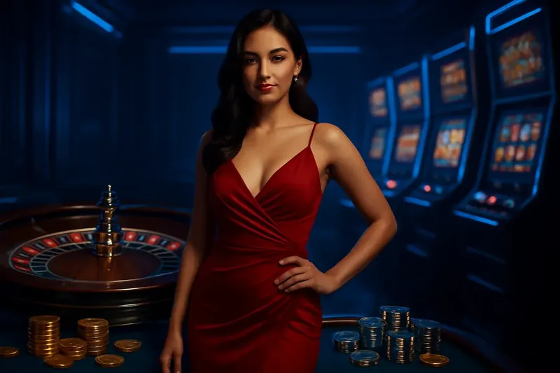 Elegant Casino Banner Beautiful woman in red dress standing confidently near roulette and slot machines with gold coins and poker chips in a luxury Bangladesh casino setting