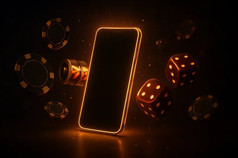 Casino Mobile Banner Glowing smartphone with casino chips, slot reels, and dice on dark gold background